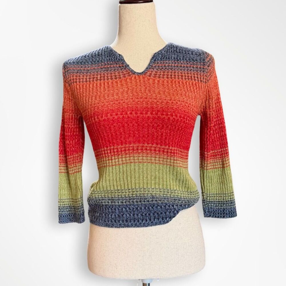 Y2K Spoiled Girl, Striped Ribbed 3/4 Sleeve Knit Top, L Juniors, Rainbow 70s